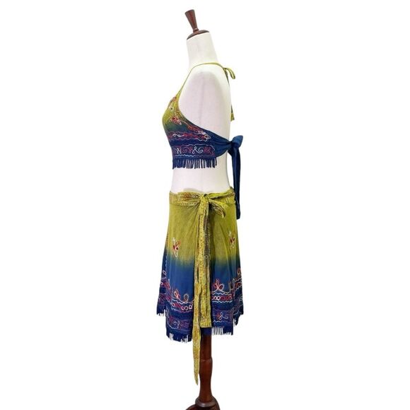 Flower Tie Dye Crop Top Wrap Skirt Set Free Size Boho Festival India Blue Green - Picture 3 of 10